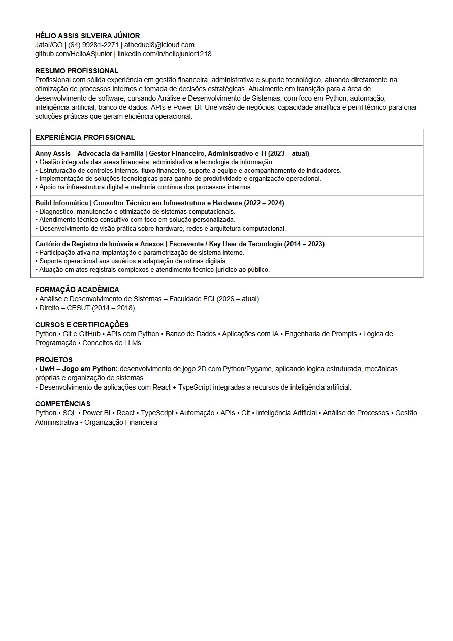 Currículo Desenvolvedor Full Stack Hélio Júnior - React Node.js JavaScript
