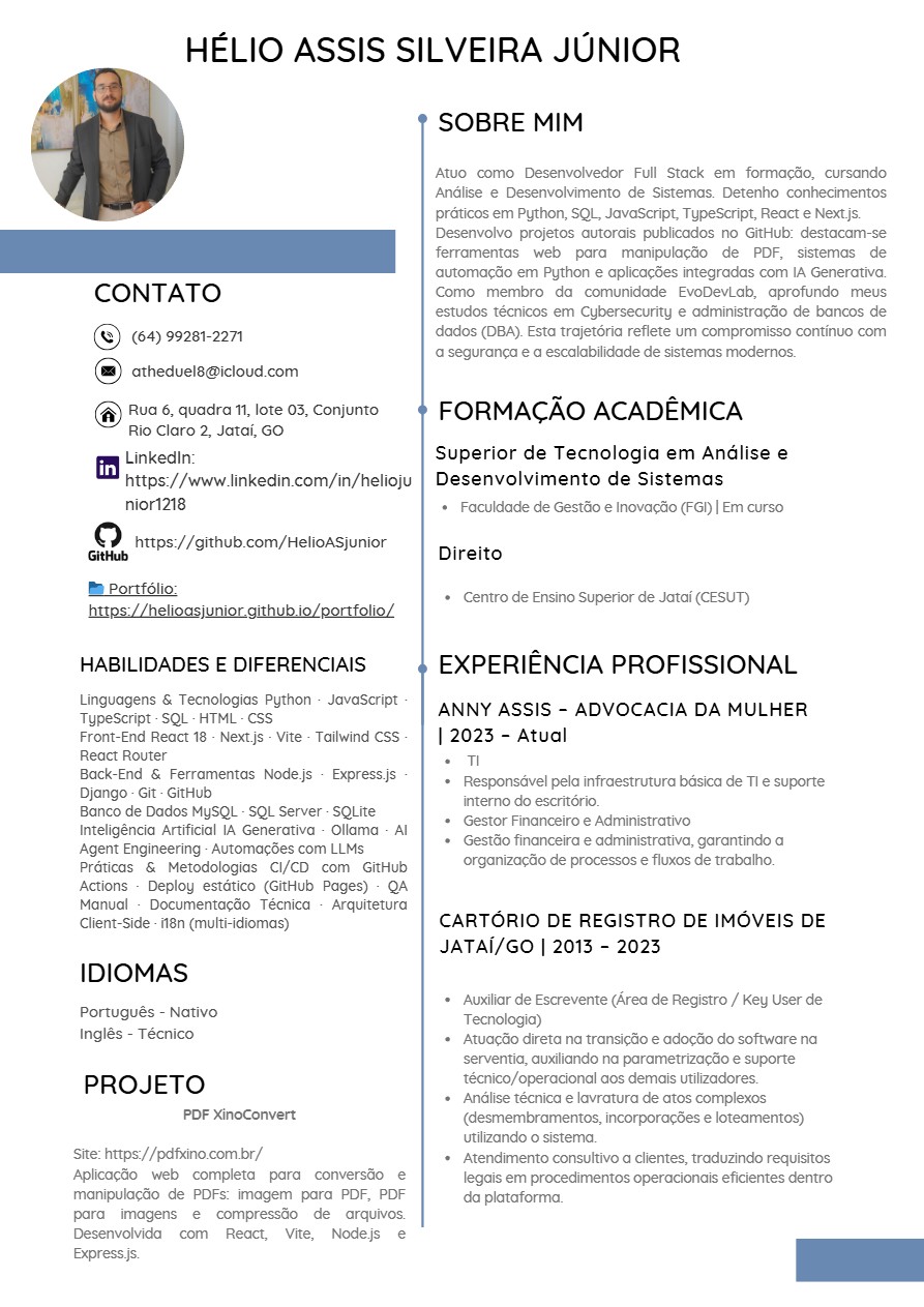 Currículo Desenvolvedor Full Stack Hélio Júnior - React Node.js JavaScript